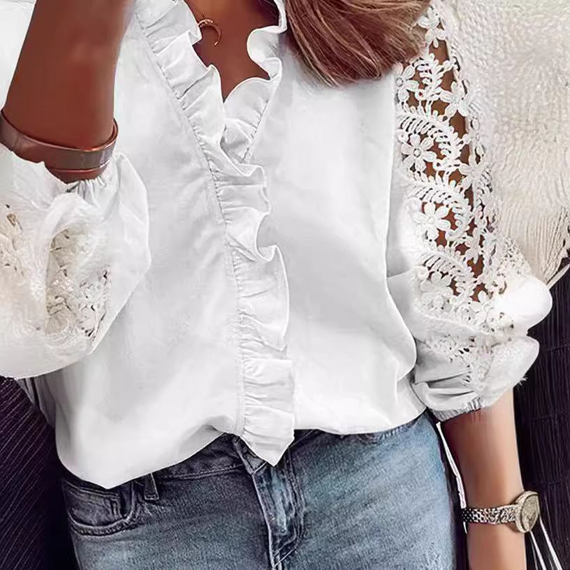 White Lace Long Sleeve Shirt Trendy Office Wear