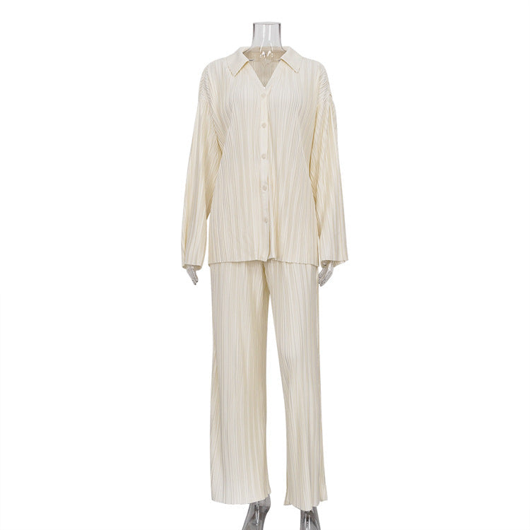 Trendy Solid Color Two-Piece Pants Set With Pleated Shirt