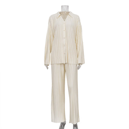 Trendy Solid Color Two-Piece Pants Set With Pleated Shirt