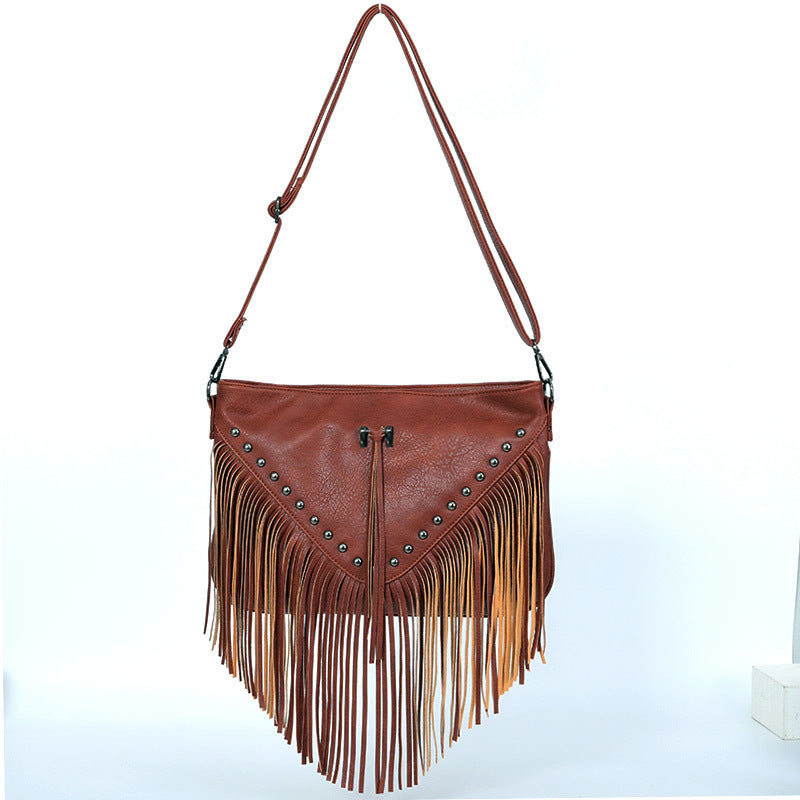 Rivet Soft Leather Trend Casual Rivet Tassel Bag Single Shoulder Diagonal Cross Women'S Bag