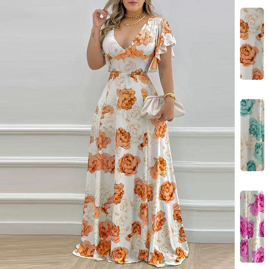 Casual Floral Maxi Dress With V-Neck & Flared Design