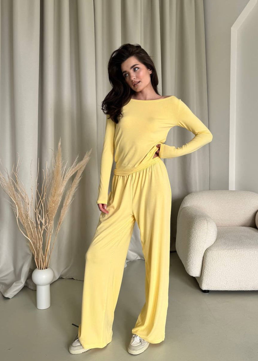 Three Piece Jersey Lounge Set Yellow Soft Texture