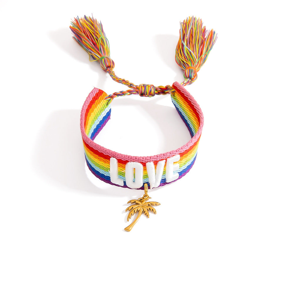 Adjustable Woven Bracelet with Rainbow LOVE Tassels