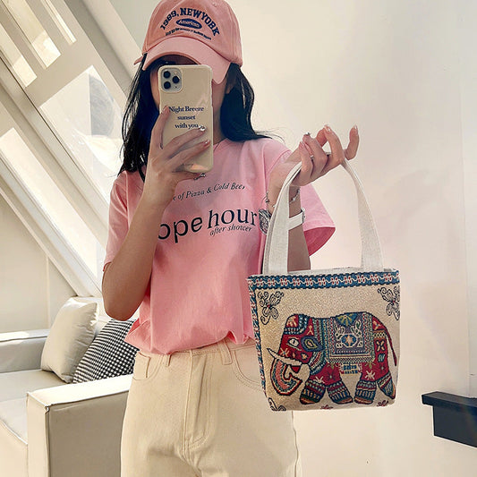Ethnic Style Elephant Embroidered Canvas Tote Bag for Everyday Use