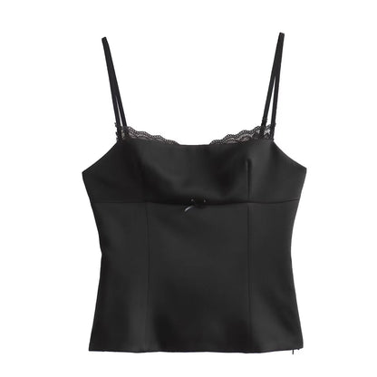 Elegant Satin Spaghetti Strap Lace Trim Top