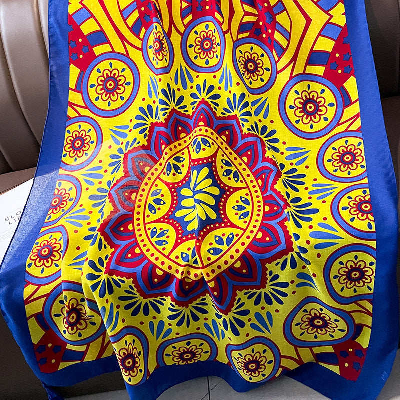 Ethnic Style Spring And Autumn New Blue Cotton Hemp Feel Thin Scarf With Flower Splice Fragmented Flower Retro Versatile Shawl