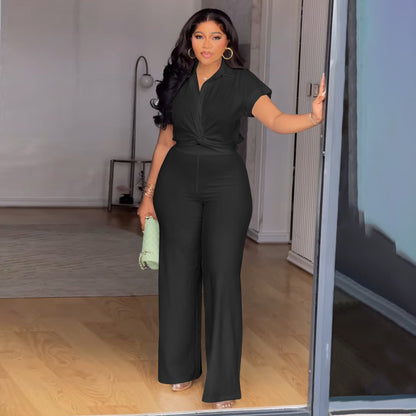 Casual Two-Piece Solid Color Short Sleeve Blouse And High Waist Pants Set