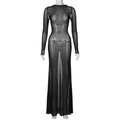 Fashionable Trendy Long Sleeve Sheer Backless Maxi Dress