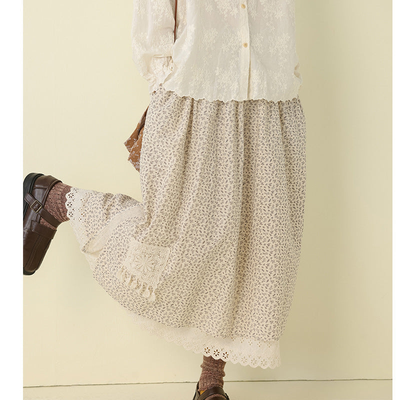 Floral Embroidered A-Line Midi Skirt Lightweight Casual Layered Skirt