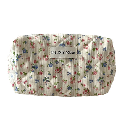 Corduroy Floral Cosmetic Bag Soft Quilted Travel Pouch