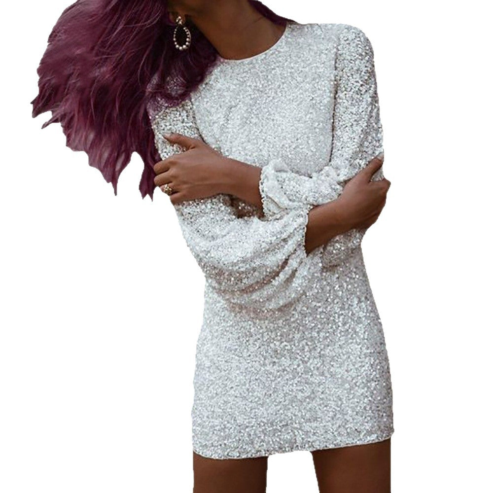 Elegant Sequin Lantern Sleeve Bodycon Dress