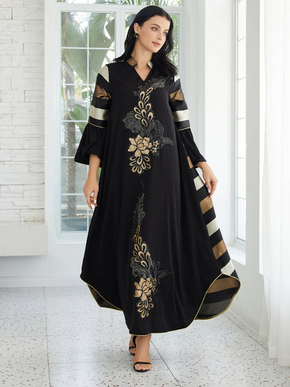 Elegant Black Muslim Abaya Maxi Dress with Ruffled Sleeves