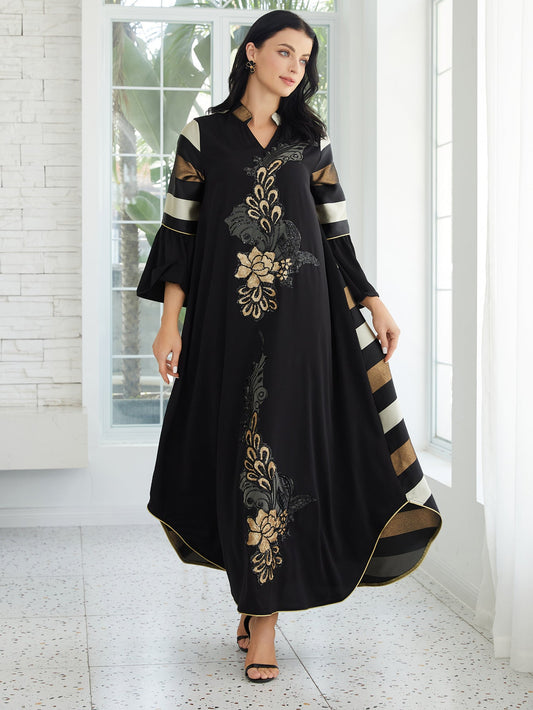 Elegant Black Muslim Abaya Maxi Dress with Ruffled Sleeves