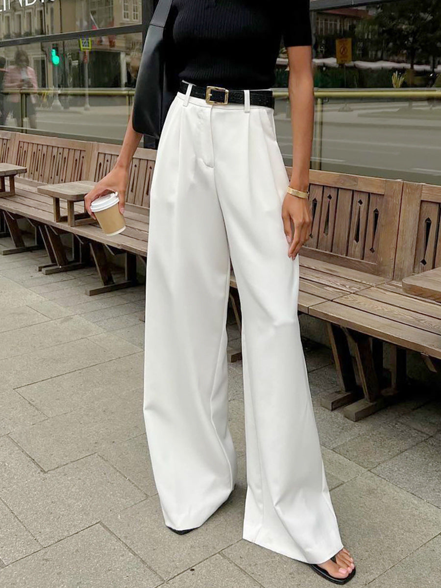 White Wide-Leg Trousers High-Waisted Chic Casual Pants