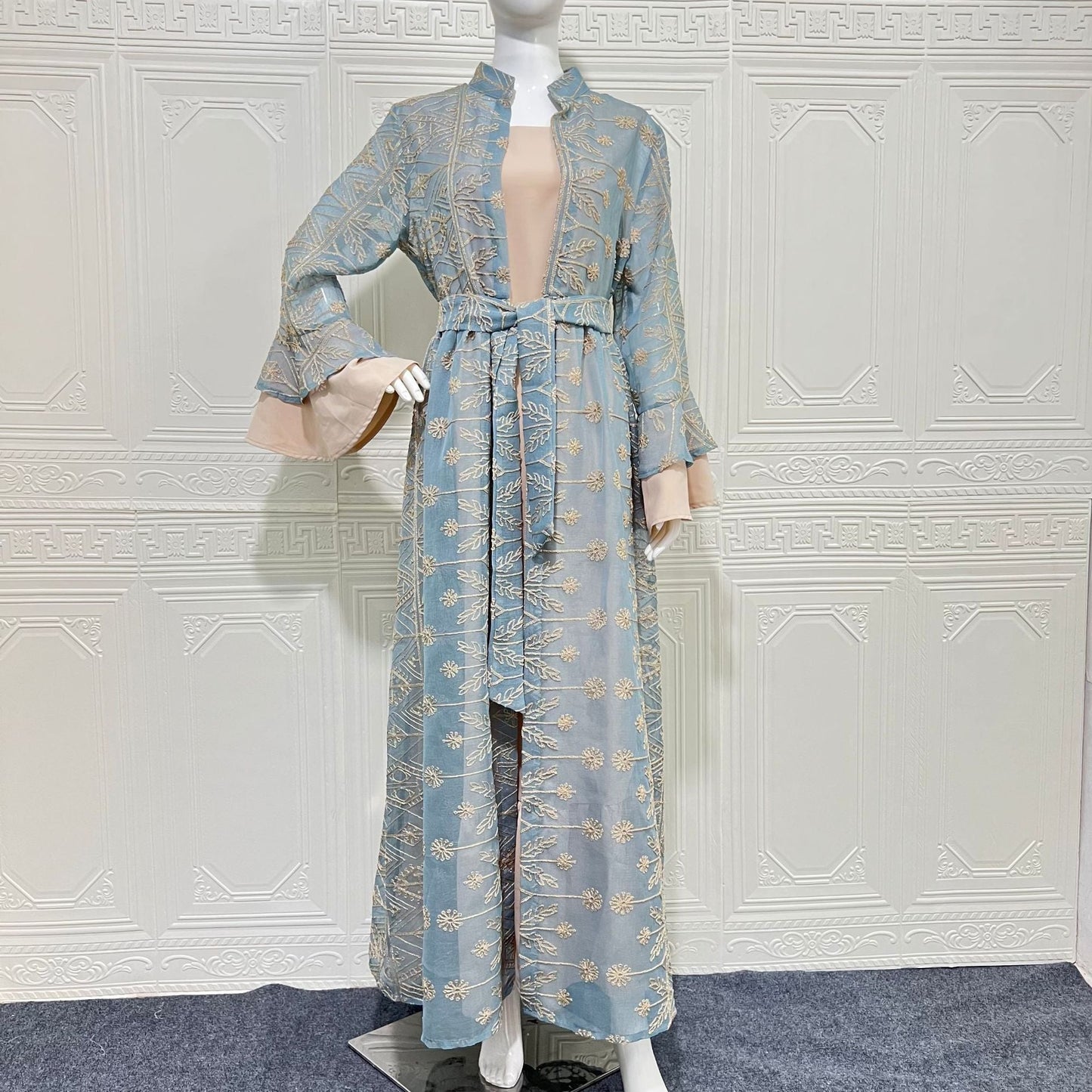 Elegant Long Sleeve Embroidered Dress with Cardigan