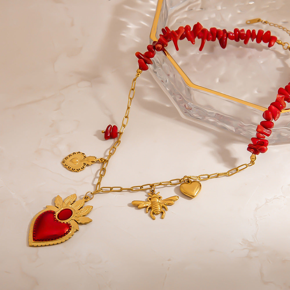 DIY Coral Branch Heart Pendant Stainless Steel Necklace