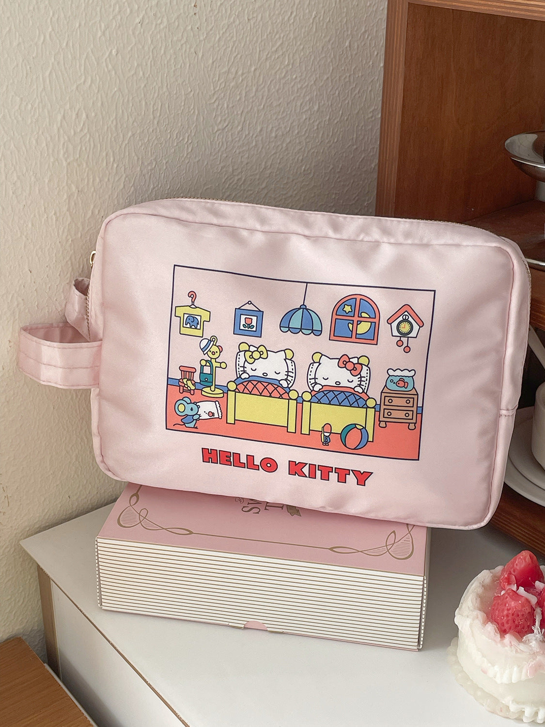 Cat Print Satin Cosmetic Bag Cute Cartoon Travel Organizer