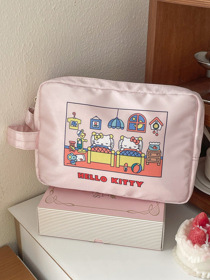 Cat Print Satin Cosmetic Bag Cute Cartoon Travel Organizer