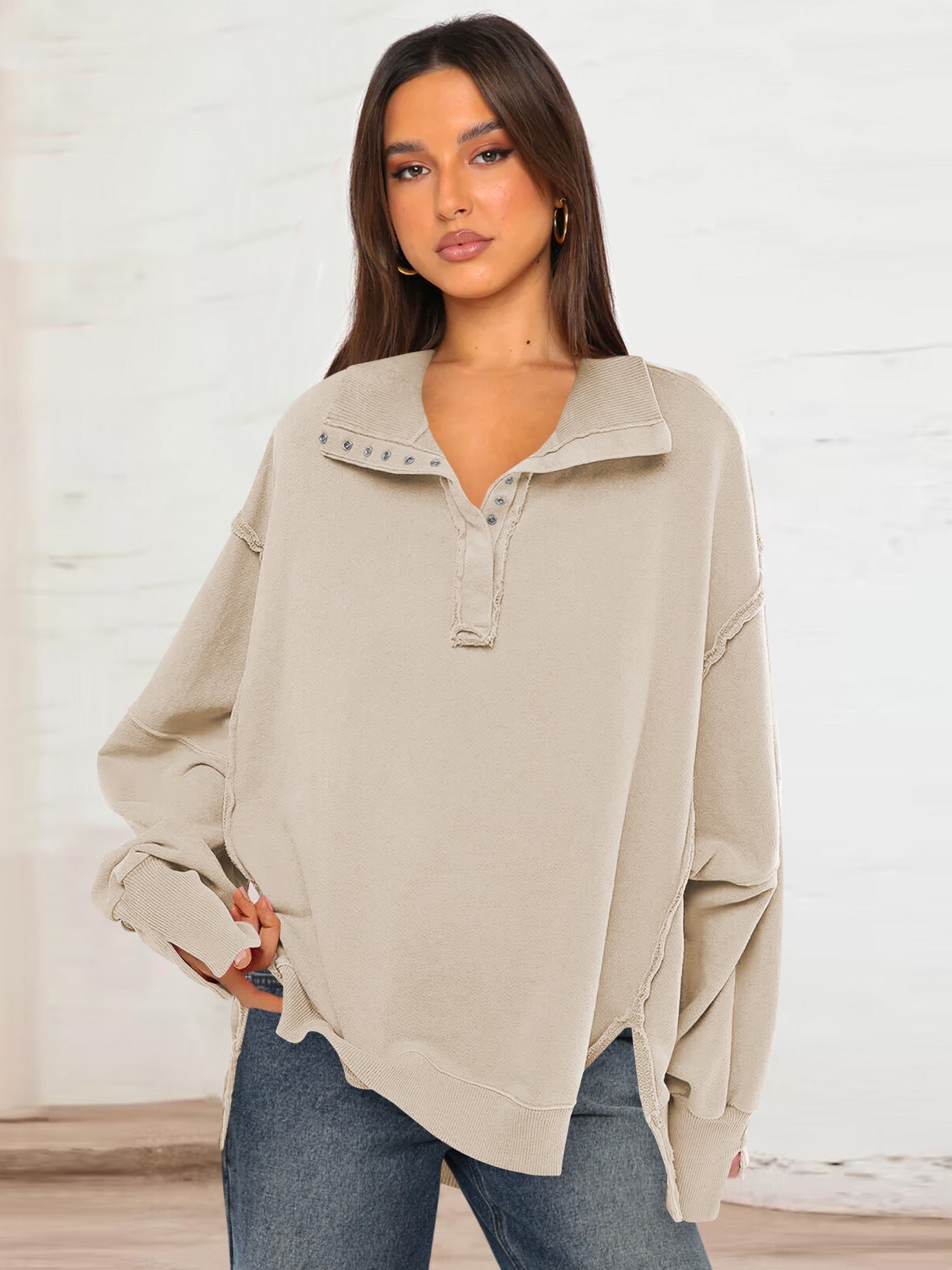 Trendy Casual Polo Neck Sweatshirt with Lantern Sleeves