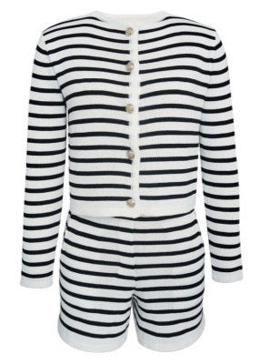 Striped Knit Cardigan And High Waisted Shorts Set
