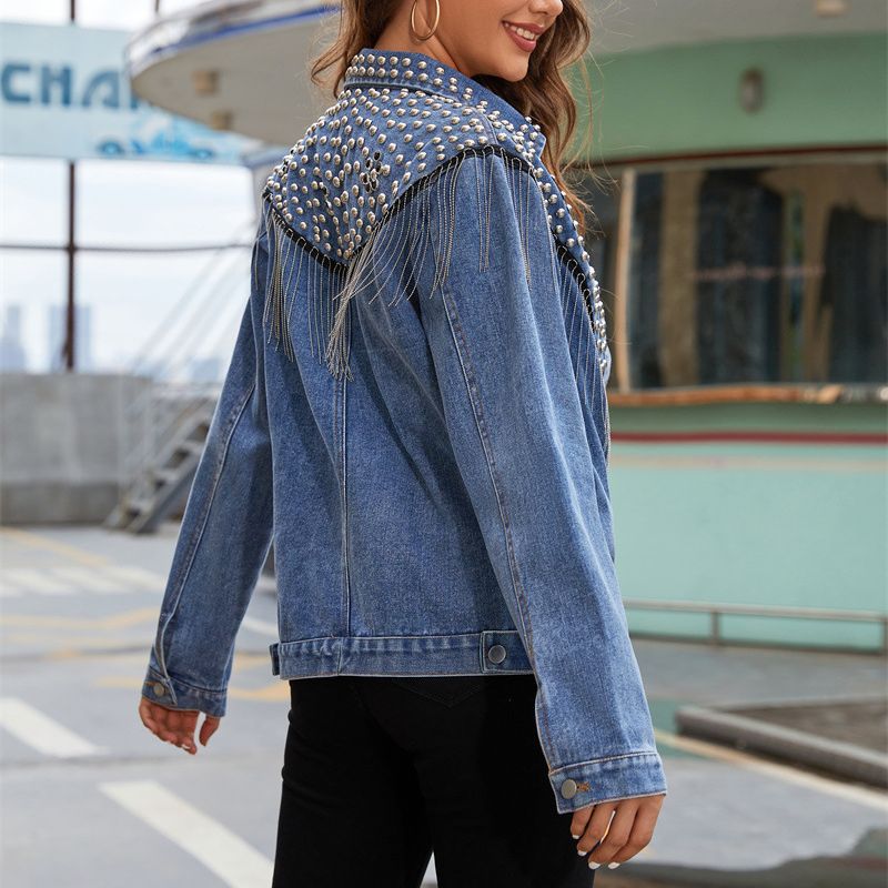 Stylish Denim Jacket With Rivets And Tassels