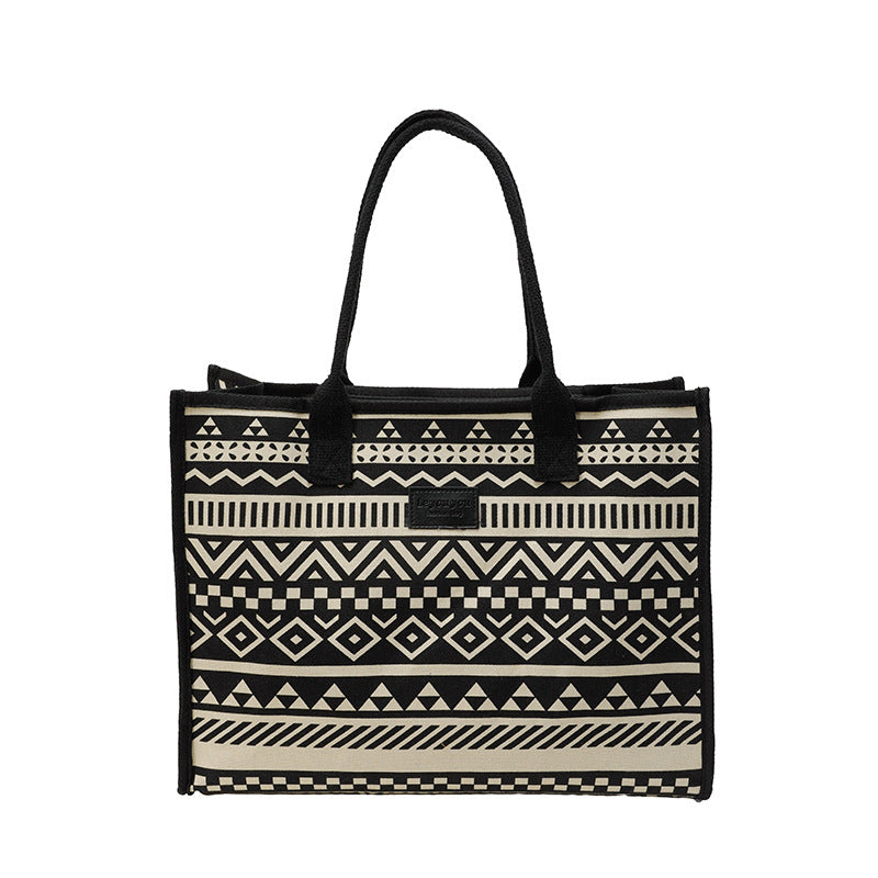 Geometric Canvas Tote Bag Durable Zipper Shoulder Bag