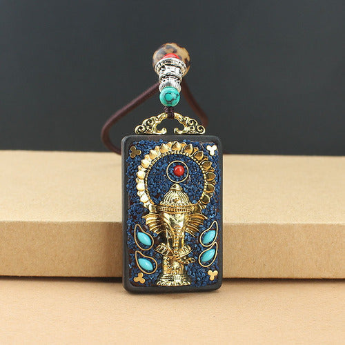 Vintage Nepal Thangka God Of Wealth Buddha Elephant God Ebony Pendant Necklace Exotic Sweater Chain