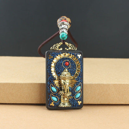 Vintage Nepal Thangka God Of Wealth Buddha Elephant God Ebony Pendant Necklace Exotic Sweater Chain