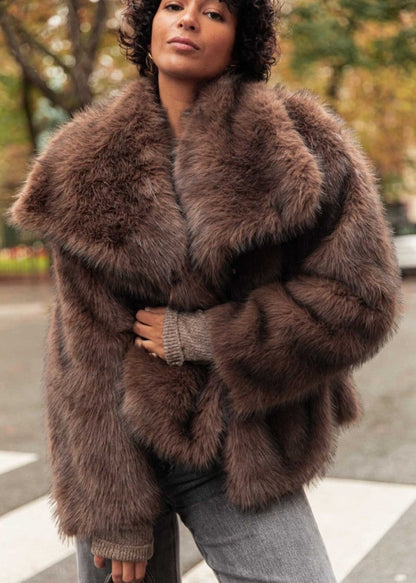 Faux Fur Jacket Plush Texture Dark Brown
