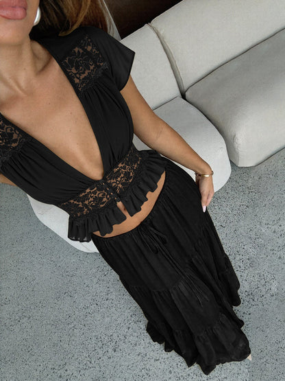 Trendy French Lace Chiffon Cardigan T-Shirt with Loose Fit Maxi Dress