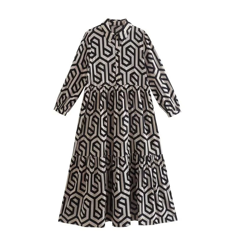Women'S Long Sleeve Lapel Green Geometric Print Shirt Dress