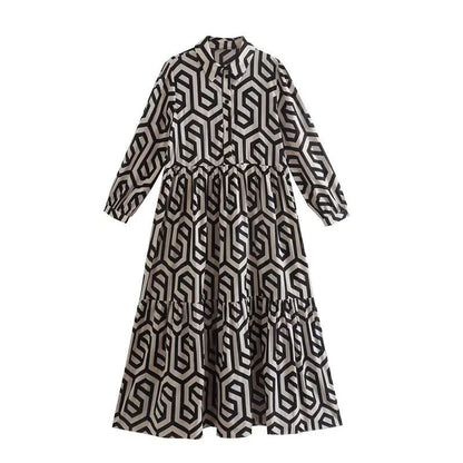 Women'S Long Sleeve Lapel Green Geometric Print Shirt Dress
