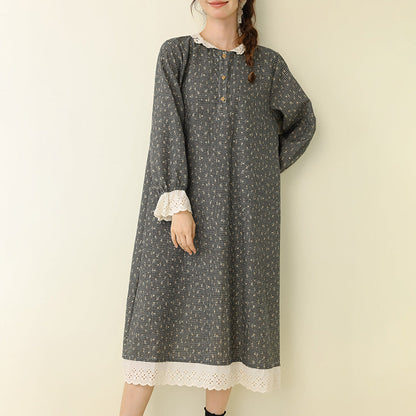 Artistic Floral Long Dress Comfortable Cotton Linen A-Line Dress