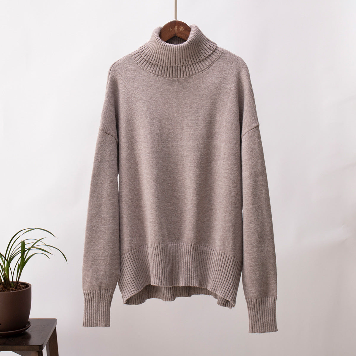 High Neck Knitted Sweater for Women Classic Solid Color Casual Pullover