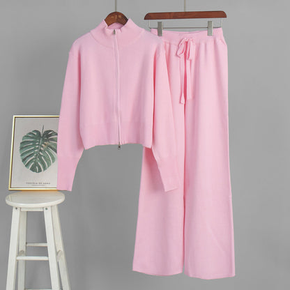 Chic Knitted Zipper Cardigan and Pants Set