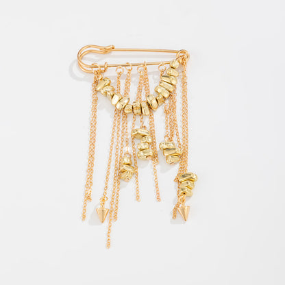 Trendy Metal Chain Tassel Brooch Pin With Stone Detail