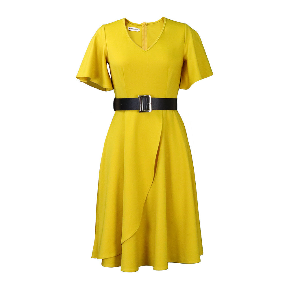 Solid Color A-Line Dress With Flared Sleeves
