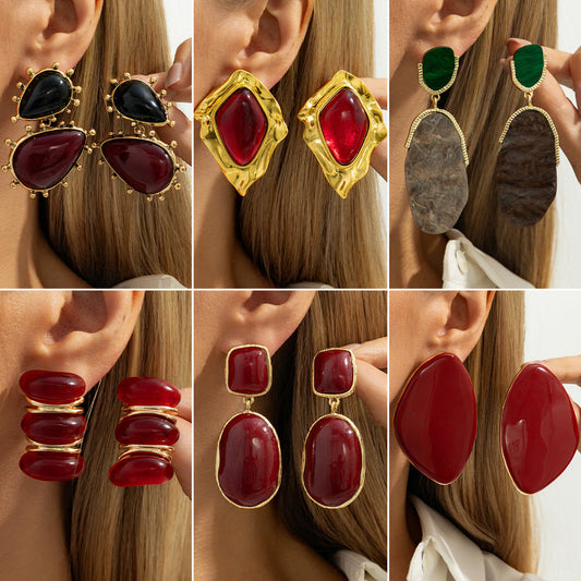 Chic Resin Gemstone Stud Earrings Vintage Geometric Design