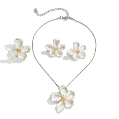 Metal Flower Pendant Necklace And Clip-On Earring Set