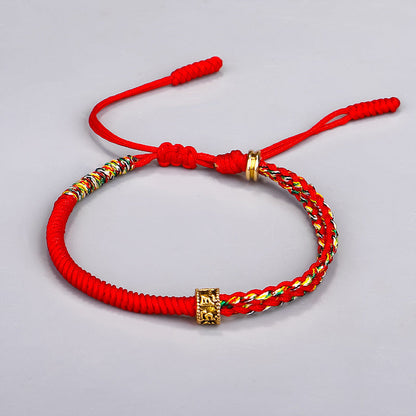 Tibetan Style Bracelet Hand-Woven Diamond Knot Red Rope Bracelet Six-Character Mantra Copper Pearl Red Bracelet
