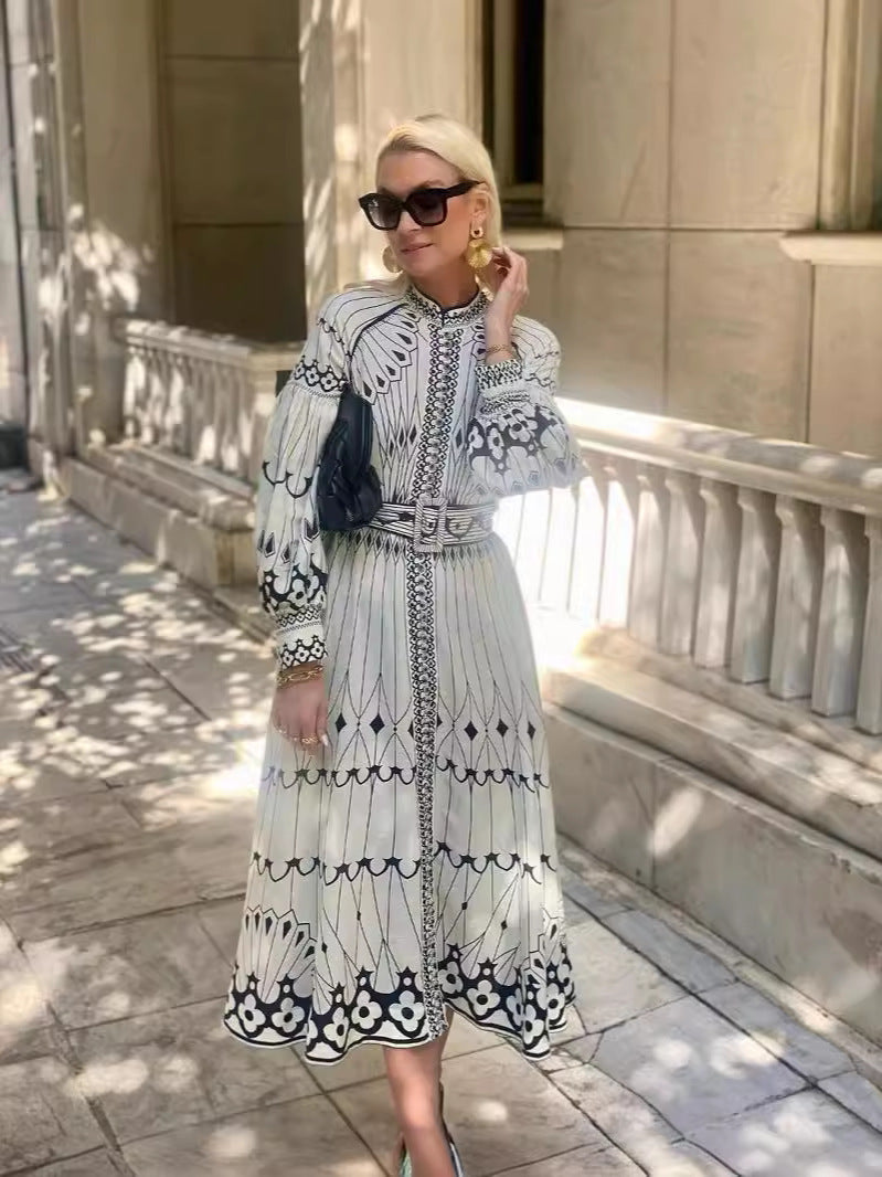 Casual Retro Lantern Sleeve Belted Linen Dress