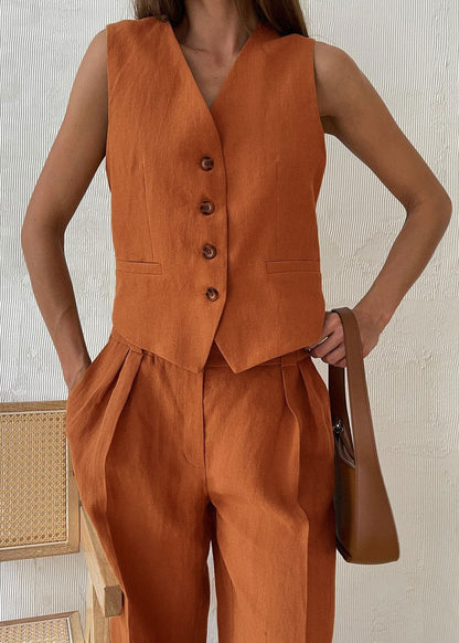 Linen Vest And Wide Leg Pants Set With Soft Pleats