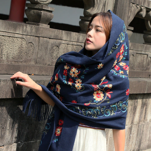 Thickened Imitation Cashmere Embroidered Scarf Shawl Dual-Purpose Autumn And Winter Warmth, Large Size High-End Retro National Style