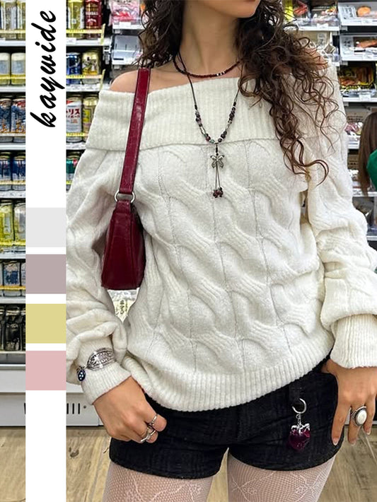 Off-Shoulder Long Sleeve Sweater Fashionable Casual Knitwear