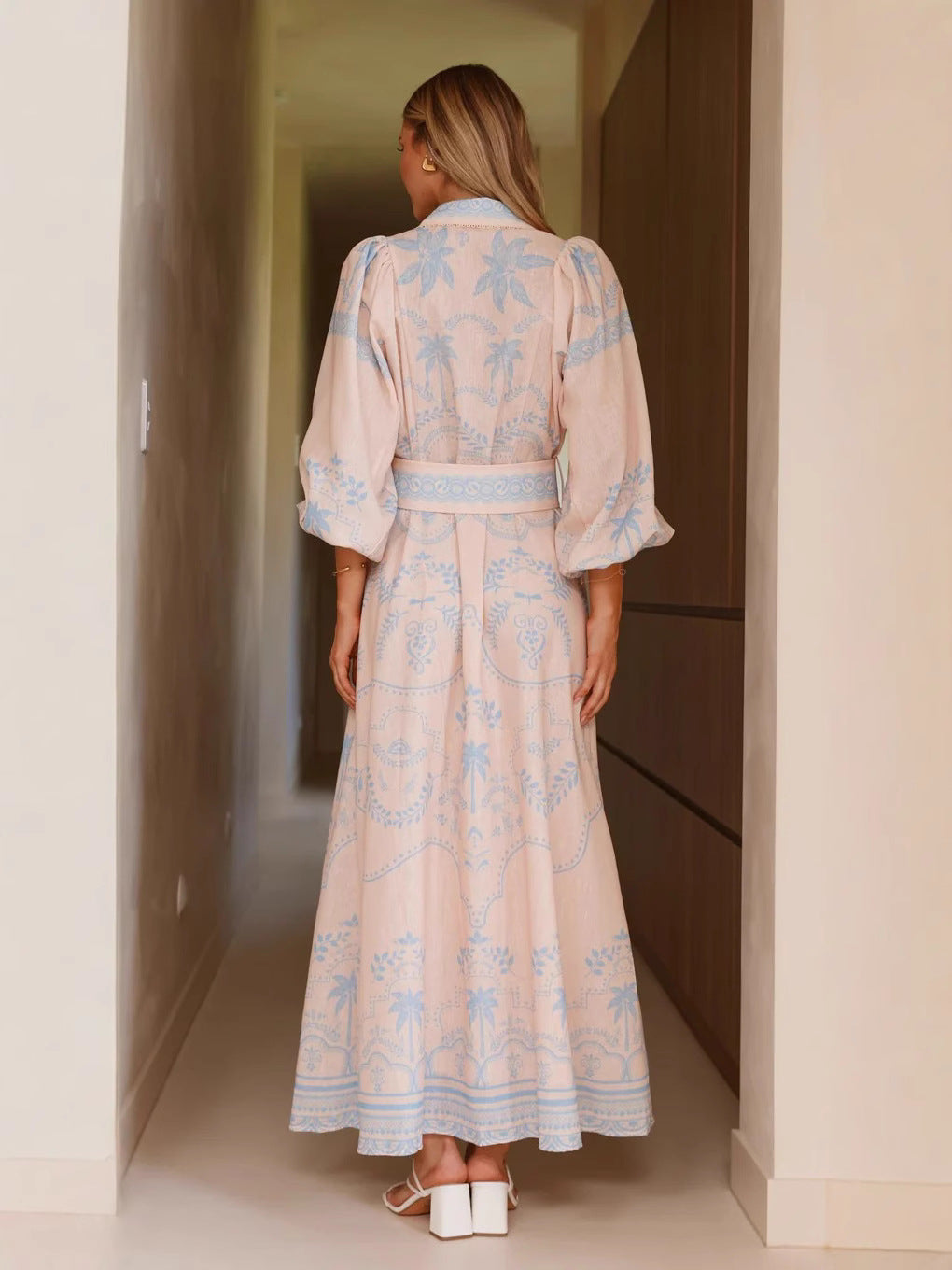 Loose-Fit Linen Puff Sleeve Dress with Waist Belt