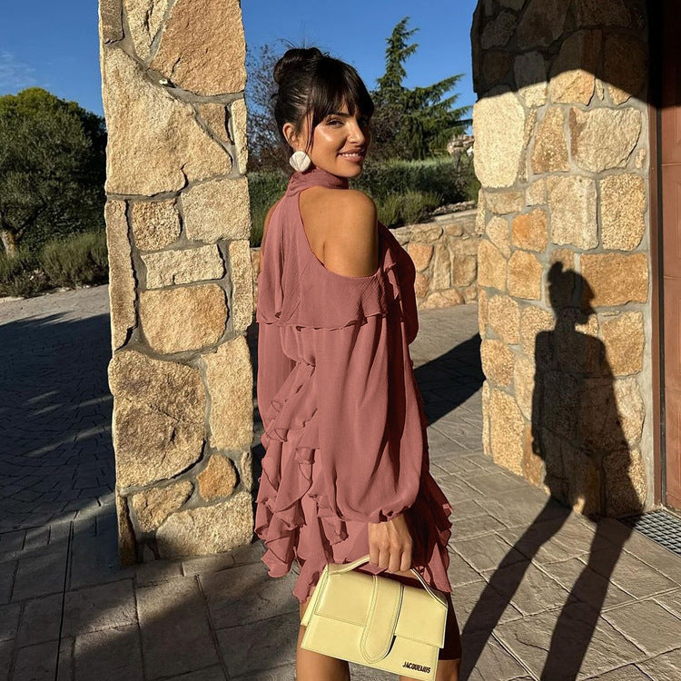 Elegant Chiffon A-Line Dress with Halter Neck and Long Sleeves