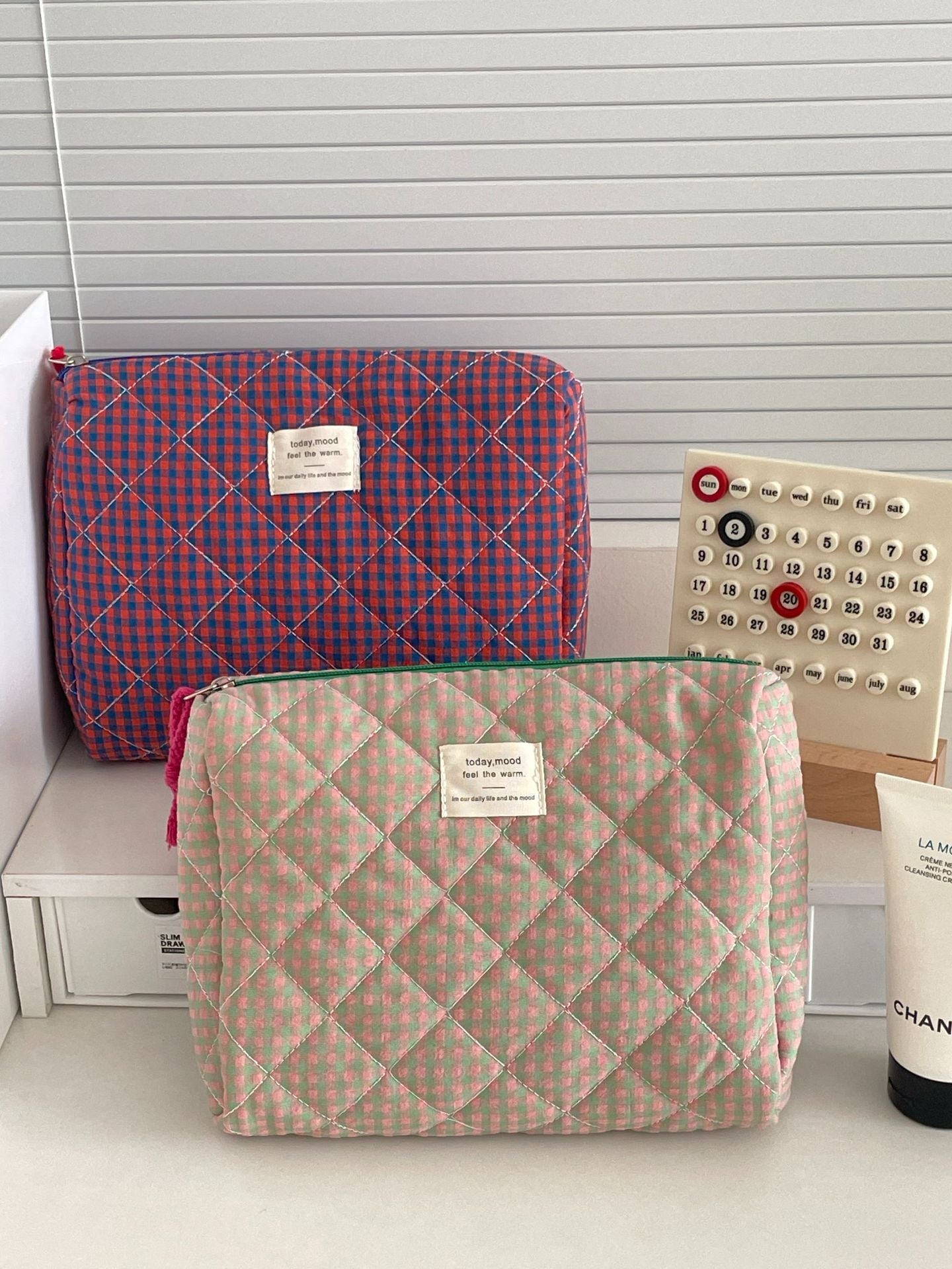 Color Block Plaid Makeup Bag Stylish Quilted Storage Organizer