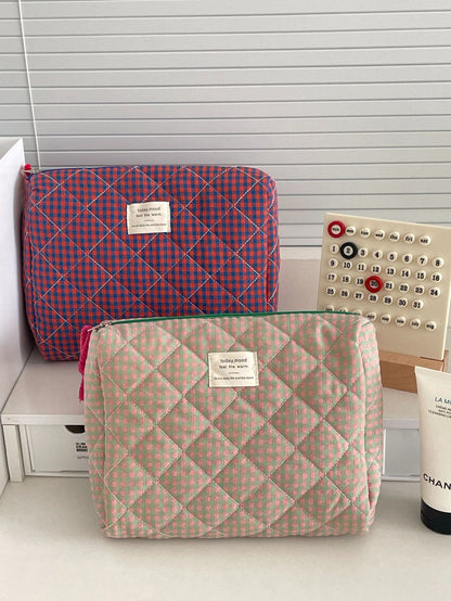 Color Block Plaid Makeup Bag Stylish Quilted Storage Organizer