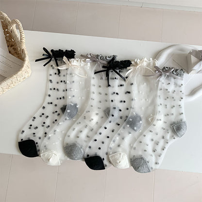 Bow Polka Dot Mesh Thin Socks