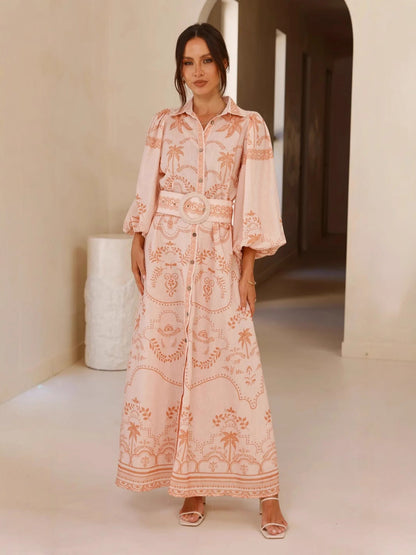 Loose-Fit Linen Puff Sleeve Dress with Waist Belt